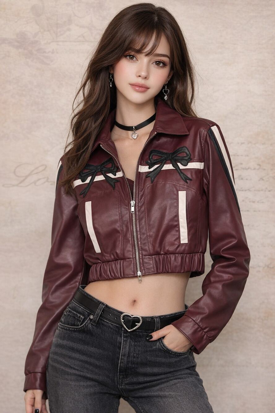 NWT Project Rebel Burgundy Faux Leather Bow Jacket Size L Cropped Moto